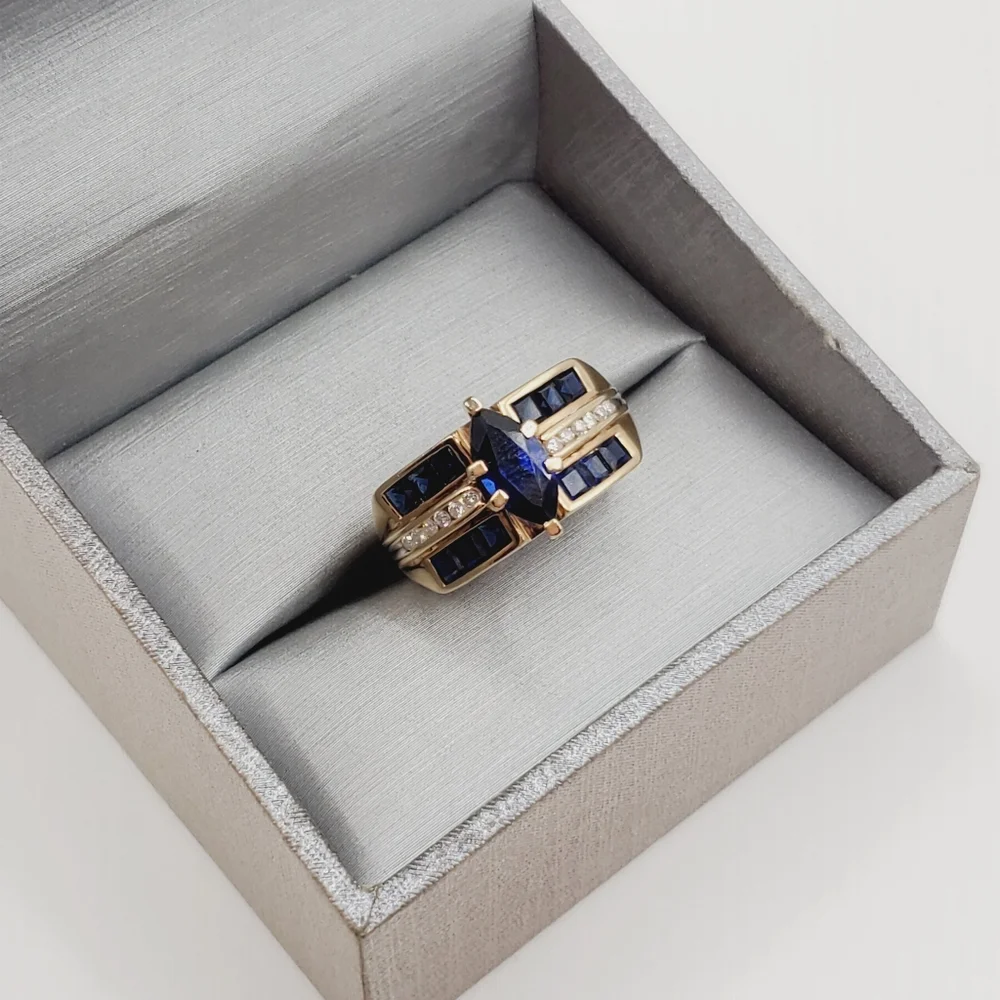 10k Solid Yellow Gold Genuine Marquise Blue Sapphire & Diamond Statement Ring
